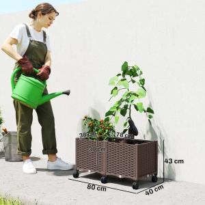 Jardinieră Ridicată din Plastic, 85L, Spațiu pentru Grădinărit în Aer Liber cu Roți Blocate, Sistem de Autoirigare, Orificii de Drenaj, Ideală pentru Plante, Legume și Flori, Maro - Img 3
