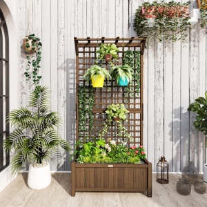 Jardinieră Ridicată pentru Exterior cu Spalier și Bară Superioară, Jardinieră din Lemn de Brad cu Găuri de Drenaj pentru Flori și Legume, pentru Grădină și Balcon, Cafeniu Întunecat - Img 2