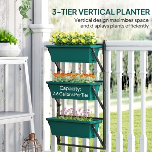 Jardinieră Verticală pentru Exterior cu 3 Niveluri și Ghivece cu Orificii de Drenaj, 56x42x100 cm, Verde - Img 4