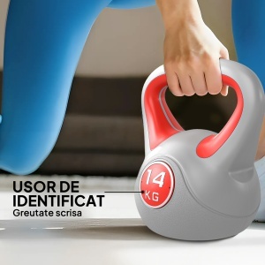 Kettlebell 14kg din PU cu nisip si baza plata, maner comod 26x18x32 cm, Rosu - Img 5