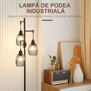 Lampadar Industrial cu 3 Abajururi și Intensitate Regulabilă, 30x30x170.5 cm, Negru - Img 5