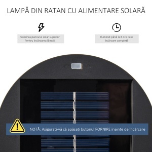 Lanternă Solară de Grădină cu Panou de Încărcare, Lampă solară de Exterior din Metal și Ratan, Ø21.5x61 cm, Maro - Img 7