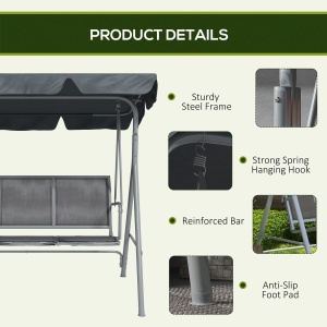 Leagăn de grădină 3 locuri cu acoperiș parasolar reglabil și detașabil, șezut respirabil din poliester, capacitate 240 kg, 171x108x154 cm, gri închis - Img 6
