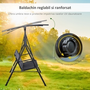Leagan de Gradina cu 3 Locuri cu Acoperis Parasolar Reglabil Negru 172x110x155cm - Img 6