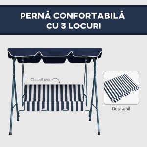 Leagăn de Grădină cu 3 Locuri cu Acoperiș Solar, Balansoar în Aer Liber cu Structură din Oțel și Poliester, 172x110x153 cm, Alb și Albastru - Img 7
