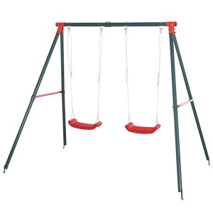 Leagăn Dublu pentru Copii 3+ Ani cu Structură din Metal, Leagăn de Grădină cu Coardă Reglabilă, Joc de Exterior, Max 45 kg, 239x156x180 cm, Verde și Roșu - Img 1