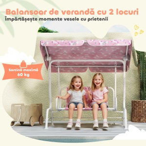 Leagăn pentru Copii de Exterior cu 2 Locuri, Acoperiș Reglabil și Centuri de Siguranță, Leagăn Grădină și Interior din Oțel și Material Oxford, Max 60 kg, 112x75x120 cm, Roz - Img 5