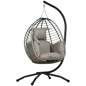 Leagăn pentru Exterior cu Pernă Capitonată, Scaun Suspendat pentru Terasă cu Suport Metalic, Cos Pliabil, 110x100x188 cm, Gri - Img 1