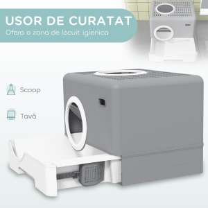 Litieră pentru Pisici cu Capac, Lopețică și Tăviță Detașabilă Gri - Img 4