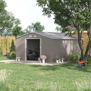 Magazie de Gradina cu Usi Duble Glisante si Acoperis Inclinat, Sopron de Gradina din Otel si PP, 3.4x4x2m, Gri - Img 2