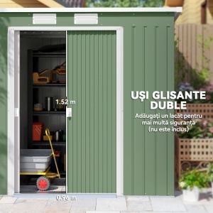 Magazie de gradina din otel cu acoperis inclinat, usa glisanta dubla si orificii de aerisire, 213x130x173 cm, verde - Img 5