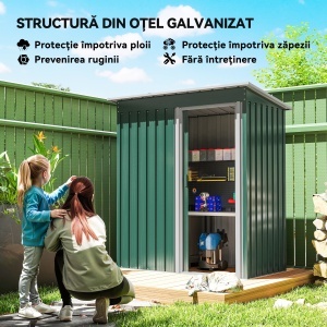 Magazie pentru Scule cu Acoperiș Înclinat și Ușă Glisantă, din Oțel Zincat, 163x89x182 cm, Verde - Img 4