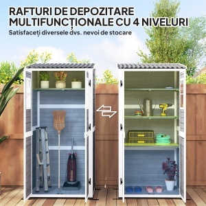 Magazie pentru Unelte de Grădină din Lemn de Brad cu 2 Ferestre și Rafturi Reglabile, 91x69x192cm, Gri Deschis - Img 5