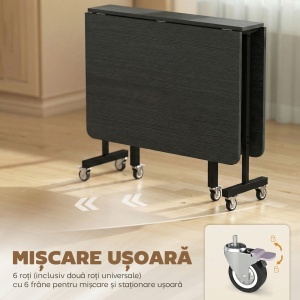 Masă de Dining Pliabilă, Masă de Bucătărie Rabatabilă cu Roți și Frâne pentru 4-6 Persoane, Masă Compactă cu Structură din Oțel, 120x80x73 cm, Negru cu Efect de Lemn - Img 6