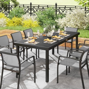 Masă de Grădină cu Blat Textură Lemn 190x90 cm pentru 8 Persoane, Masă de Dining de Exterior Dreptunghiulară din Aluminiu și Plastic, pentru Terasă, Balcon, Negru - Img 9