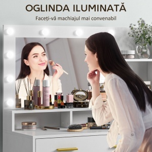 Masa Machiaj Alba – Cu Oglinda, 4 Sertare & 6 Rafturi Deschise - Img 5