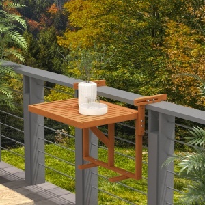 Masă Suspendată de Exterior, Masă Reglabilă pentru Balustradă, Blat Suport cu Montare pe Perete, 68x65x40,5-55 cm, Tec - Img 2