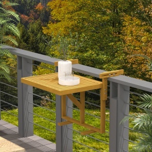Masă Suspendată de Exterior, Masă Reglabilă pentru Balustradă, Blat Suport cu Montare pe Perete, 68x65x40,5-55 cm, Tec - Img 2