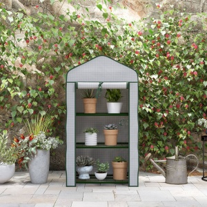 Mini Seră pe 3 Nivele cu Acoperiș PE Întărit, Seră Portabilă cu Ușă Rulantă și Rafturi din Sârmă, 59x39x127 cm, Alb - Img 9