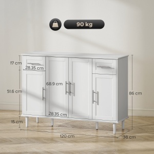 Mobilier de Sufragerie, Credență cu 2 Sertare și 3 Dulapuri cu Rafturi Reglabile, Comodă cu Picioare din Pin pentru Sala de Mese și Bucătărie, 120x38x86 cm, Alb - Img 3