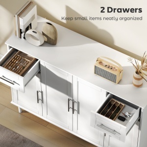Mobilier de Sufragerie, Credență cu 2 Sertare și 3 Dulapuri cu Rafturi Reglabile, Comodă cu Picioare din Pin pentru Sala de Mese și Bucătărie, 120x38x86 cm, Alb - Img 5