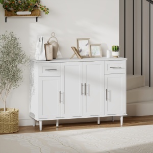 Mobilier de Sufragerie, Credență cu 2 Sertare și 3 Dulapuri cu Rafturi Reglabile, Comodă cu Picioare din Pin pentru Sala de Mese și Bucătărie, 120x38x86 cm, Alb - Img 9