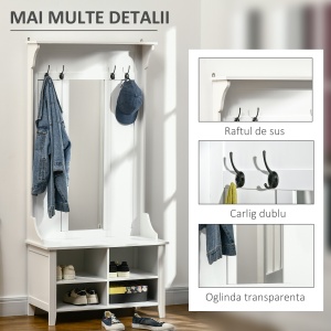 mobilier hol, cuier si oglinda, 80x40x170cm, alb - Img 6