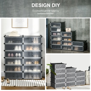 Mobilier pentru incaltaminte modular, 12 cuburi 45x35x16cm din plastic PP si otel, negru si alb - Img 5