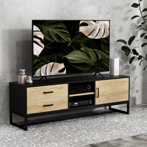 Mobilier pentru TV de 60" cu Dulăpior, 2 Sertare și Rafturi Deschise Reglabile, 140x35x45 cm, Lemn Natural - Img 2