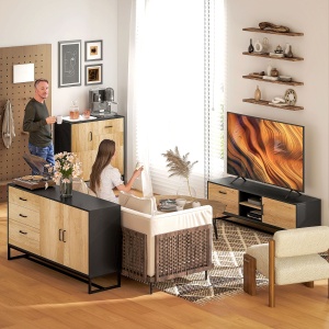 Mobilier pentru TV de 60" cu Dulăpior, 2 Sertare și Rafturi Deschise Reglabile, 140x35x45 cm, Lemn Natural - Img 9