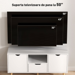Mobilier TV de 50" cu Sertar, Raft Deschis și 2 Dulapuri, Mobilier TV cu 5 Picioare din Lemn, 110x40x50 cm, Alb - Img 6