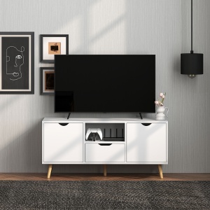 Mobilier TV de 50" cu Sertar, Raft Deschis și 2 Dulapuri, Mobilier TV cu 5 Picioare din Lemn, 110x40x50 cm, Alb - Img 9