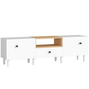 Mobilier TV, Suport TV până la 70" cu 2 Uși Rabatabile, Balamale Soft Close, Sertar, Raft Deschis, 8 Picioare, 150x35x45 cm, Alb și Lemn - Img 1