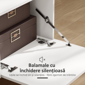 Mobilier TV, Suport TV până la 70" cu 2 Uși Rabatabile, Balamale Soft Close, Sertar, Raft Deschis, 8 Picioare, 150x35x45 cm, Alb și Lemn - Img 6