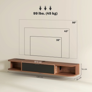 Mobilier TV Suspendat, Suport TV Până la 50" cu Sertar Rabatabil, 2 Rafturi Deschise și Orificiu pentru Cabluri, Mobilier pentru Televizor pentru Sufragerie, Dormitor și Sală de Stat, 120x24x16 cm, Nuc - Img 3