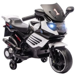 Motocicletă electrică pentru copii 18-36 luni, 6V, cu roți detașabile, faruri și muzică, albă