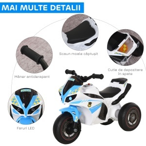 Motocicletă pentru Copii 18-36 Luni cu 3 Roți, Muzică și Faruri, 74x39x48 cm, Albastru Deschis - Img 4