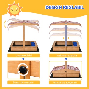 Nisipar din Lemn pentru Copii cu Copertina Reglabila in Inaltime, 107.5x107.5x110cm - Img 4