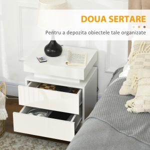 Noptiera alba cu lumina LED RGB, noptiera frontala lucioasa cu 2 sertare, pentru camera de zi, dormitor - Img 6