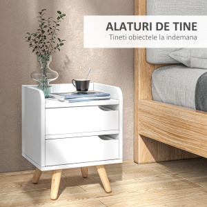 Noptiera cu 2 sertare picioare din pin mobila pentru casa alba - Img 4