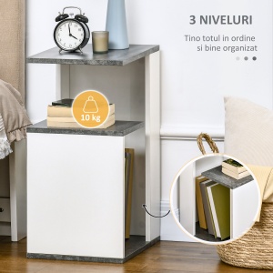 Noptiera cu raft deschis din PAL, noptiera moderna cu design neregulat, 35x29,5x60cm, gri si alb - Img 5