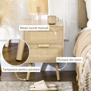 Noptiera pentru Dormitor cu 2 Sertare, Masuta de cafea in Stil Boho Elegante, 40x40x56cm, Culoare Lemn Natur - Img 5