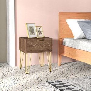 Noptiere Moderne Set 2 Bucati din PAL si Otel cu Sertar, 39.5x41x49 cm, Maro - Img 2