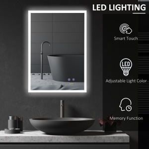 Oglinda de baie cu LED 70x50 cm, oglinda de cosmetica cu iluminare pentru perete, cu 3 lumini reglabile, plug-in, argintiu - Img 5