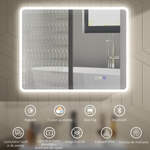 Oglindă de baie LED bluetooth 70 x 90 cm interruptor tactil lumină reglabilă 3 culori anti-abur memorie argintiu - Img 4