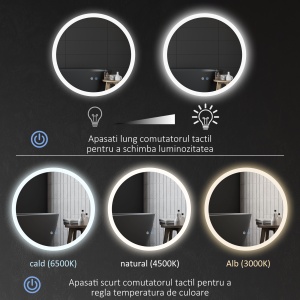 Oglindă de baie LED rotundă, 70x70cm, cu dezaburire, funcție memorie și 3 temperaturi de lumină reglabilă - Img 5