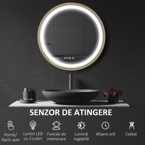 Oglindă de Baie Rotundă cu Lumină LED, Luminozitate Reglabilă și Întrerupătoare Touch, Ø60x4 cm, Auriu - Img 4