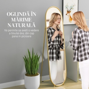 Oglindă Înaltă cu Cadru de Susținere, Oglindă Ovală pentru Dormitor sau Living, 40x4x160 cm, Auriu - Img 4