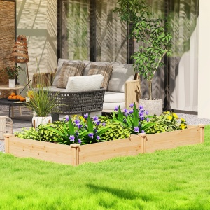 Pat de Grădină Ridicat pentru Exterior cu Separator Central și Bază Deschisă, Ghiveci din Lemn de Brad, pentru Flori, Legume pentru Balcon și Grădină, 235x121x26 cm, Culoare Lemn - Img 2