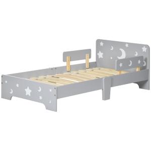 Pat pentru copii 3-6 ani cu stele si luna din MDF si PAL, 143x76x49 cm, culoare gri si lemn - Img 1